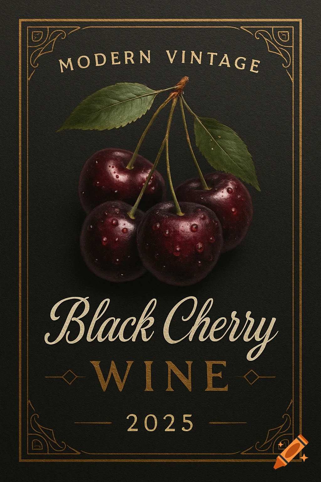A black cherry wine label with 'Modern Vintage' and 'Black Cherry Wine 2025' text, featuring a cluster of dark red cherries.