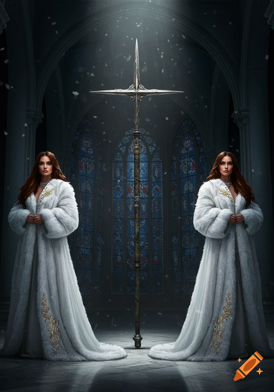 Two women in white fur coats flank a holy lance in a gothic cathedral with stained glass windows and falling snow.