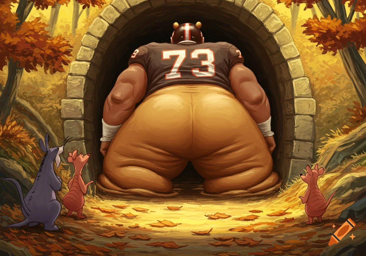 A large, bear-like NFL lineman wearing jersey number 73 is comically stuck in a stone tunnel entrance in an autumn forest, seen from behind, as two small cartoon animals look on in a Winnie the Pooh inspired digital painting.