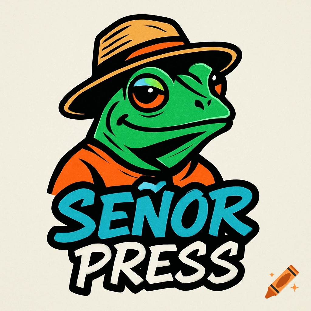 Logo for Señor Press featuring a green frog wearing an orange shirt and a straw pava hat.