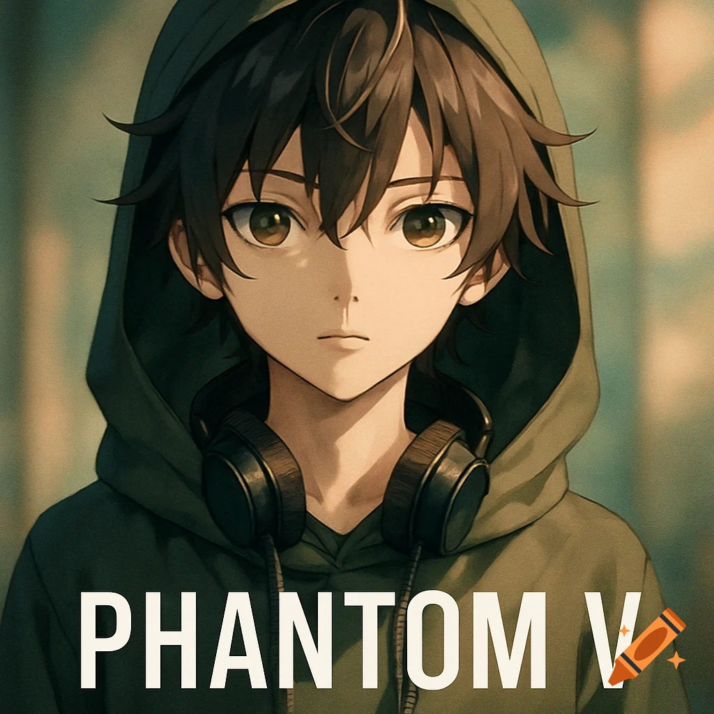 Anime-style portrait of a young character with brown hair, wearing a green hoodie and headphones, with 'PHANTOM V' text overlay.
