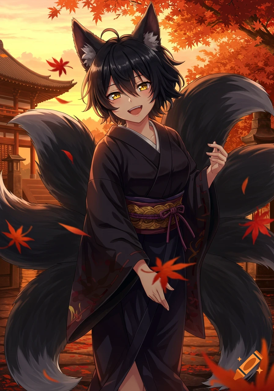 Anime-style Kitsune woman with black hair, golden eyes, black fox ears and tails, in a black kimono, in an autumn Japanese temple garden at sunset.