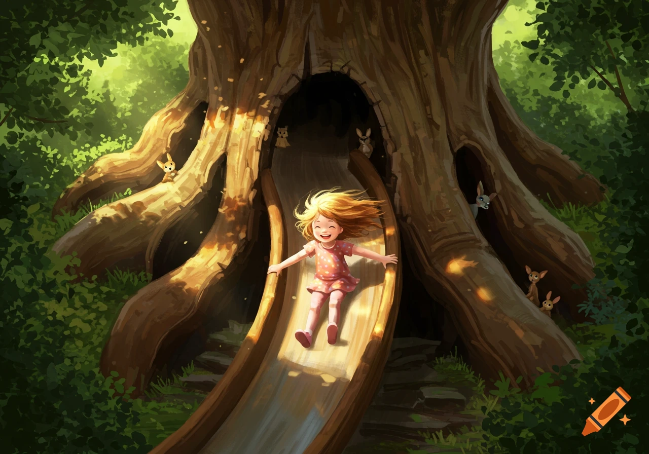 A cheerful girl slides down a wooden slide from a huge tree, with small forest animals peeking out, in a whimsical illustration.