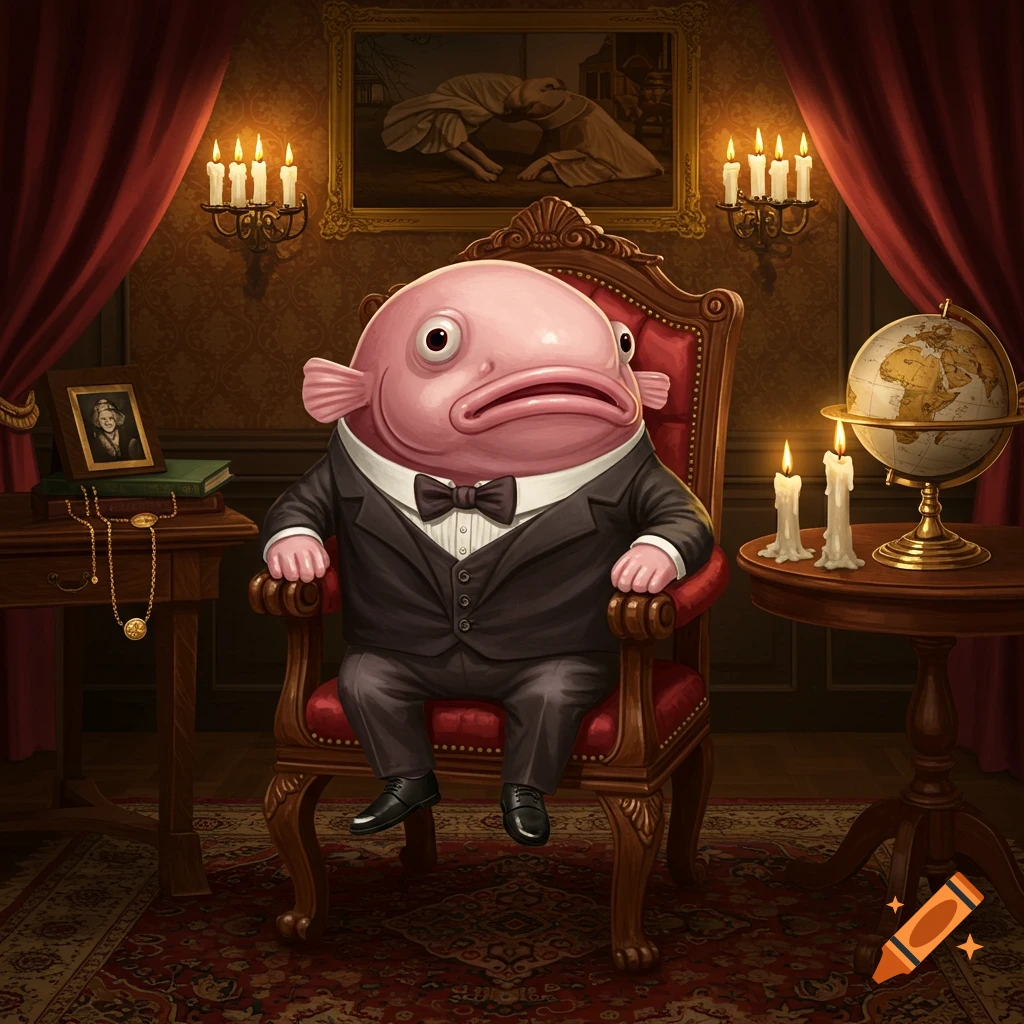 A pink blob fish in a black suit sits regally in a red armchair in an ornate, candlelit room with a globe.
