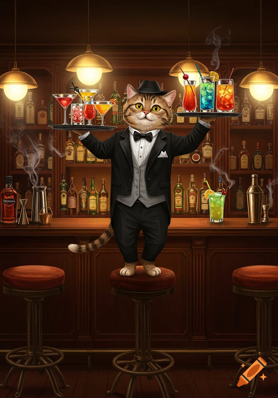 A cartoon cat dressed as a bartender stands on a stool, holding two trays of colorful cocktails in a dimly lit bar.