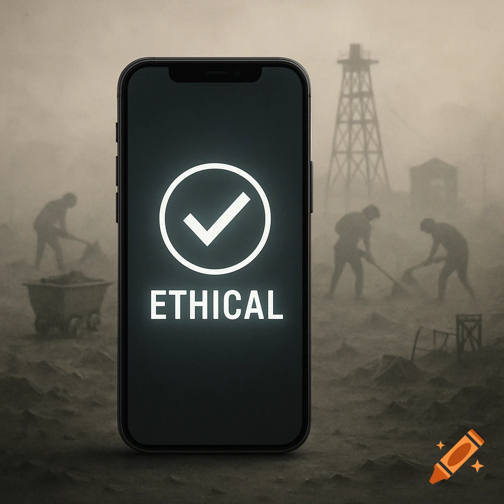 A smartphone screen with a white checkmark and 'ETHICAL' text, overlaid on a blurry industrial landscape with working figures.