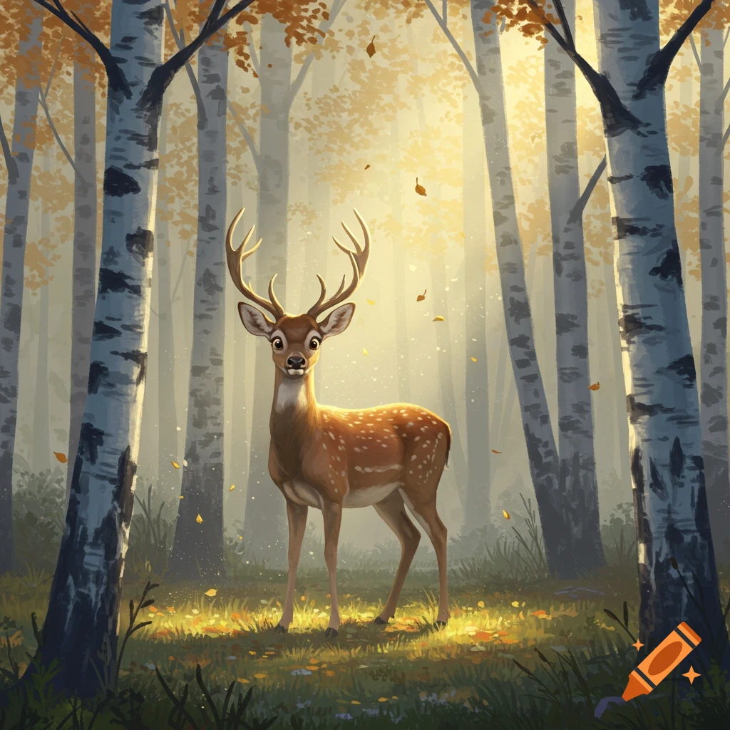 A stylized deer with antlers stands in a sunlit birch forest with golden autumn leaves and light rays.