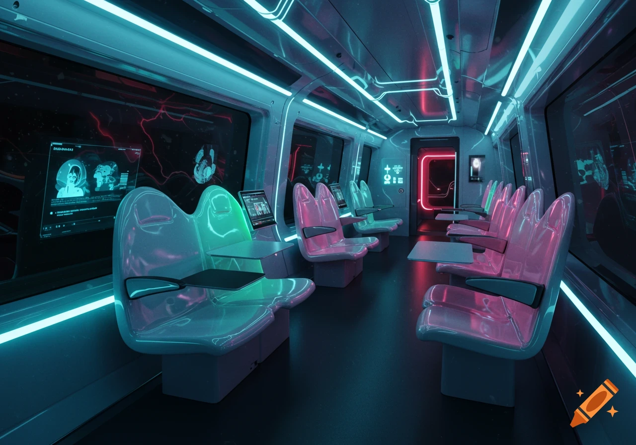 Interior of a futuristic hyperloop train with neon blue and pink lighting, sleek seats, and digital screens.