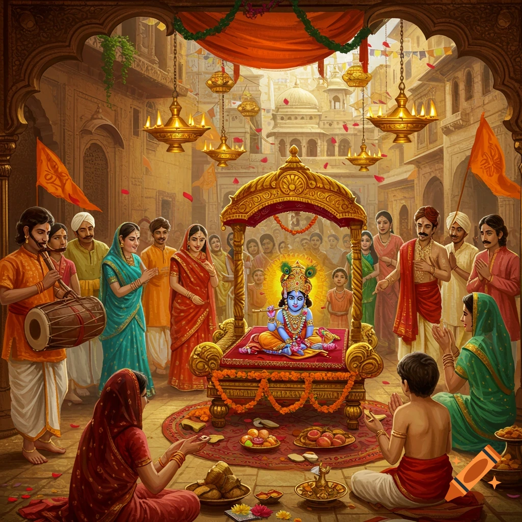 Vibrant painting of an Indian Krishna Janmashtami celebration with people gathered around a glowing idol of baby Krishna in a decorated cradle.