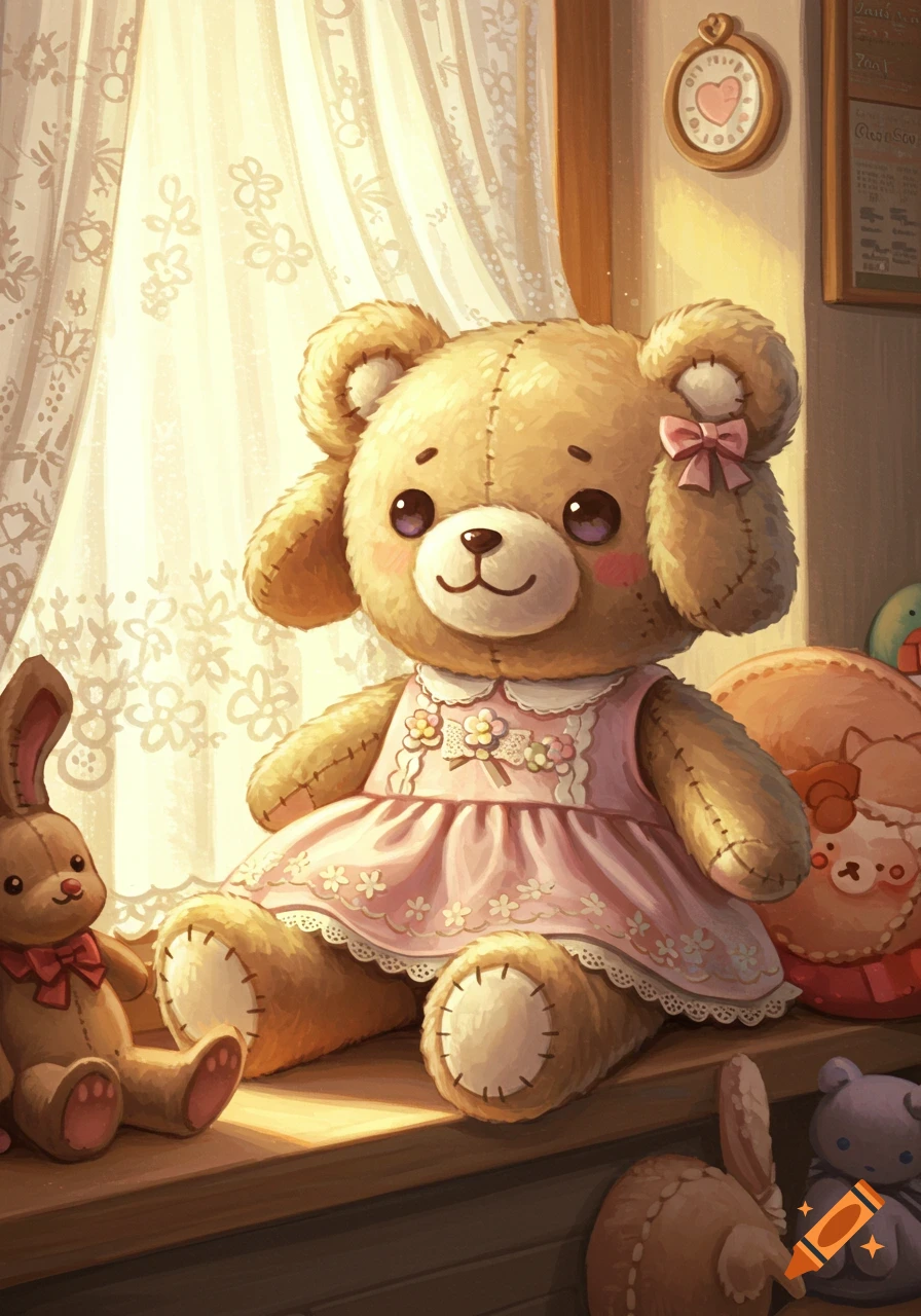 A cute stuffed teddy bear wearing a pink dress sits on a wooden ledge, next to a brown stuffed rabbit, bathed in warm light from a window with a lace curtain.