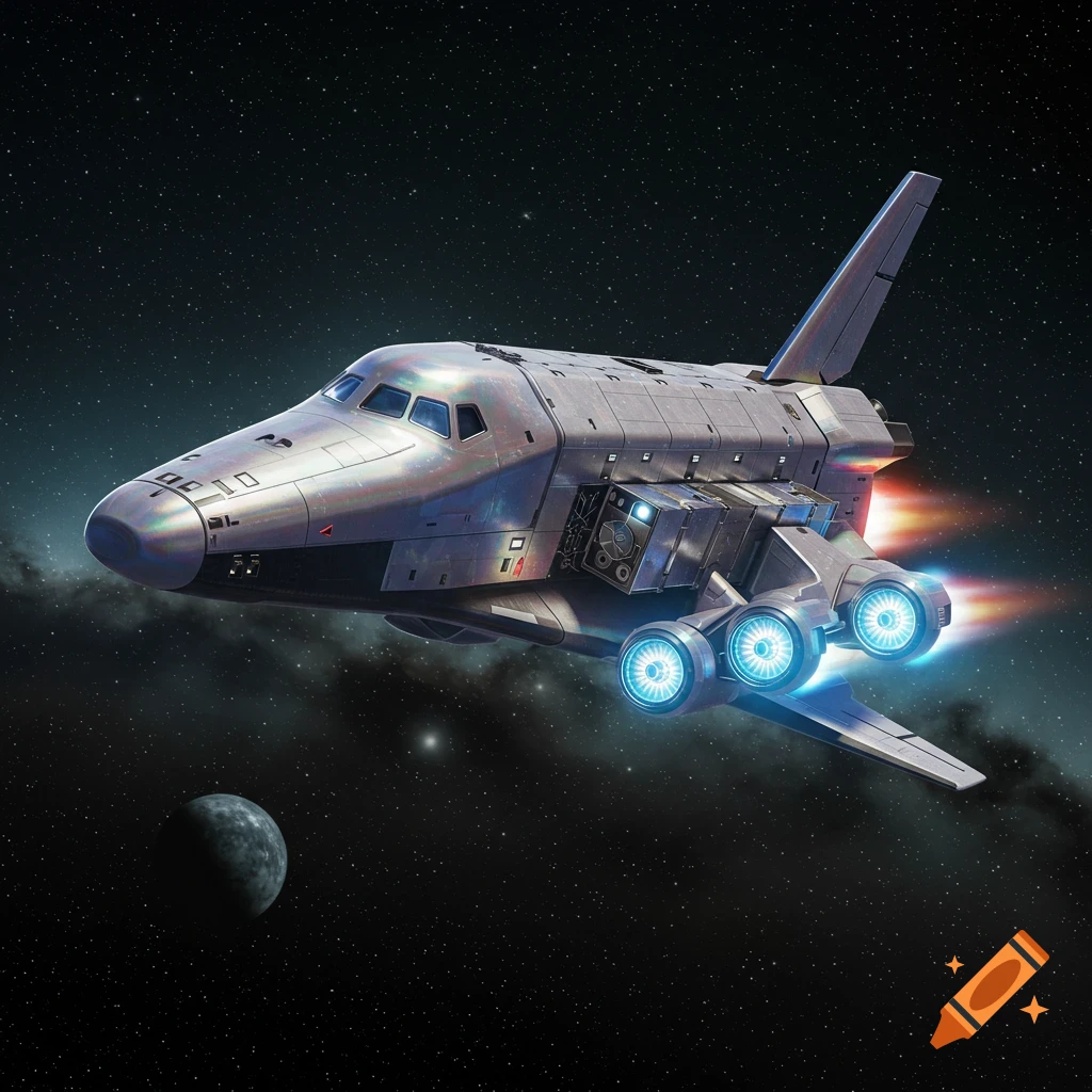 A metallic space shuttle with glowing blue and orange engines flies through a starfield, with a dark planet below.
