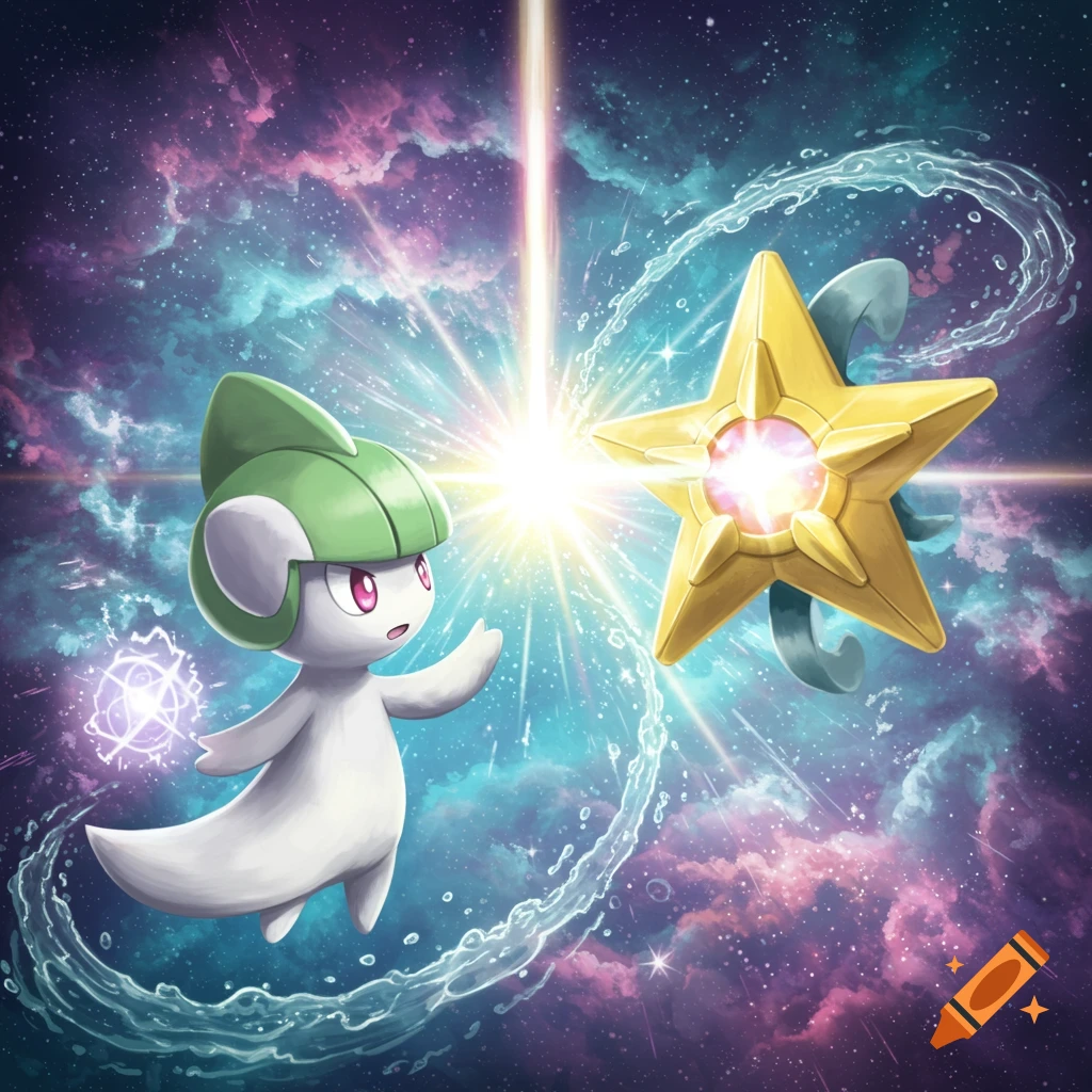 A Ralts and a Staryu facing each other in a colorful cosmic background with bright light and water effects.