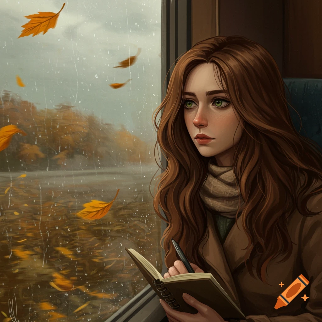 An illustrative portrait of a woman with long brown hair looking out a rainy train window, holding a notebook, with autumn leaves falling outside.