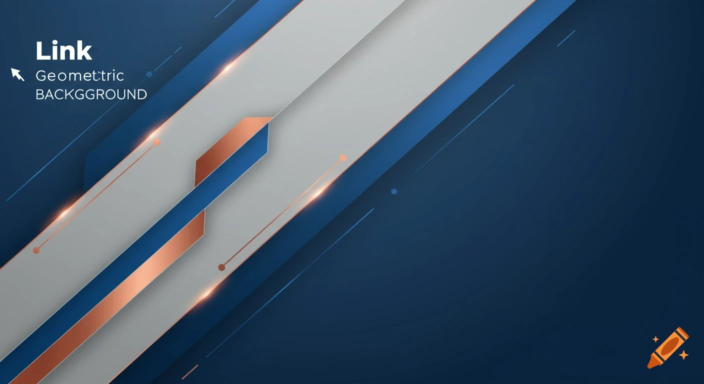 Modern abstract geometric background with blue, grey, and copper diagonal shapes on a dark blue base.