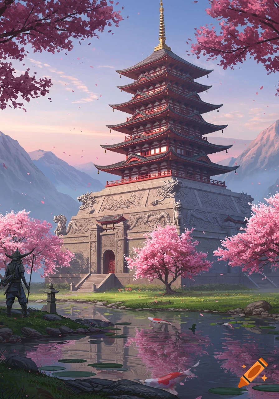 A Japanese pagoda surrounded by pink cherry blossom trees, with a figure by a pond with koi fish and mountains in the background.
