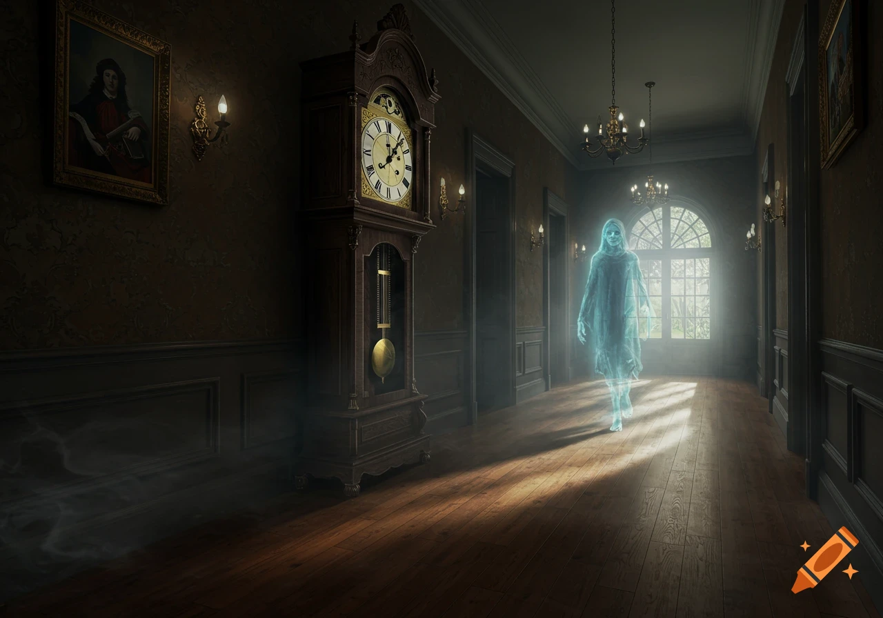 A glowing blue ghost floats down a dimly lit hallway past a tall grandfather clock.