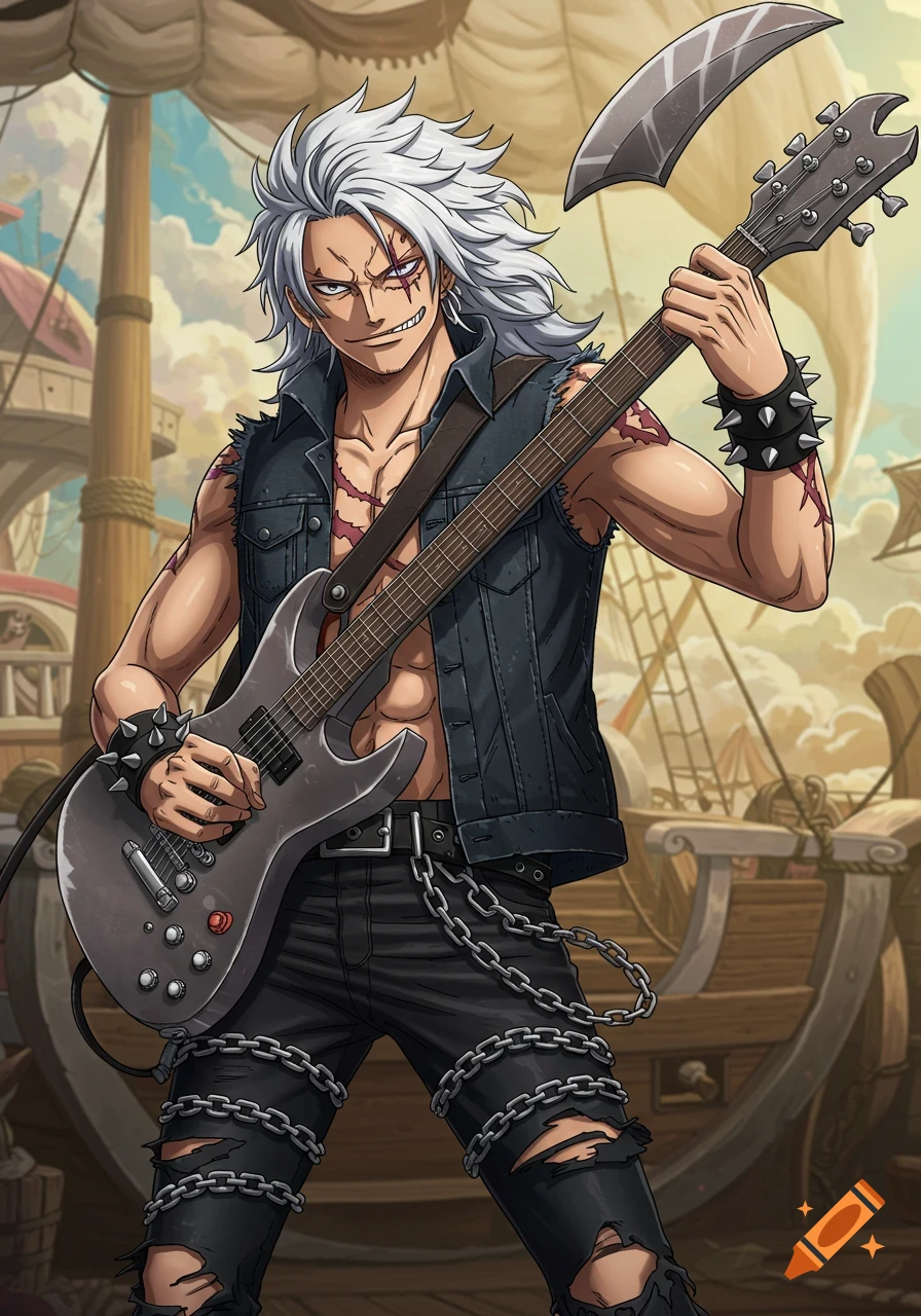 Anime character with white hair and scars, wearing a ripped vest and pants, playing a battle axe-shaped guitar on a ship.