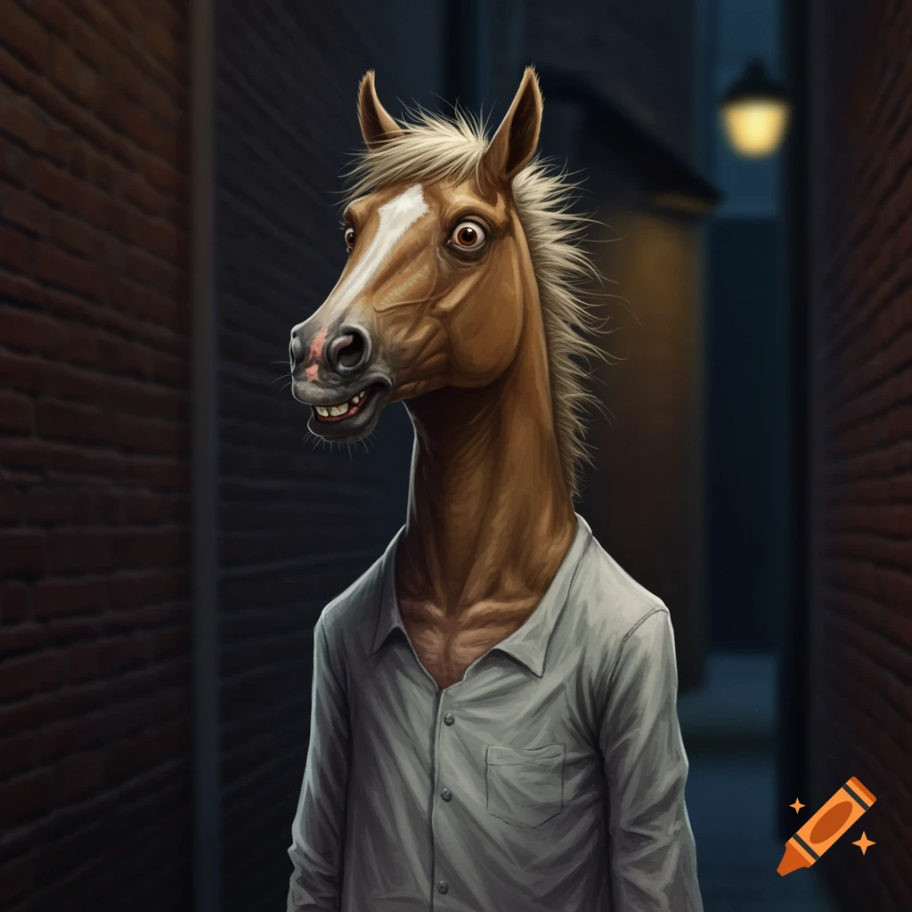 A brown horse head on a man's body wearing a gray shirt, standing in a dark brick alley with a lamp overhead. The horse has wide eyes and a toothy grin.