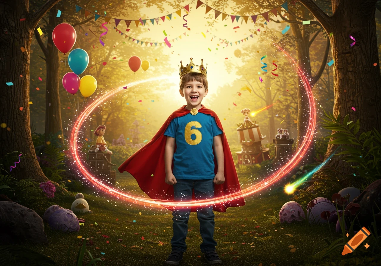 A happy boy in a crown and red cape with a gold '6' on his blue shirt stands in a magical, sunlit forest filled with balloons and confetti.