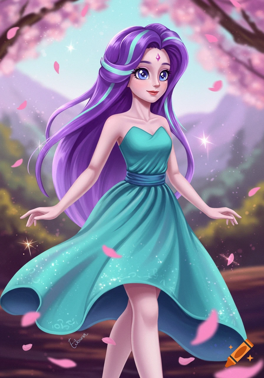 An anime-style human female character with long purple and teal hair, wearing a teal dress, stands outdoors with pink petals falling around her.