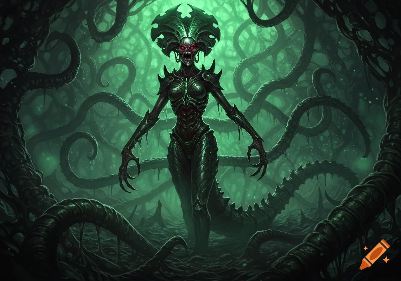 A monstrous, alien-like queen creature with red eyes and a spiky body stands in a dark, green-lit, tentacled jungle.