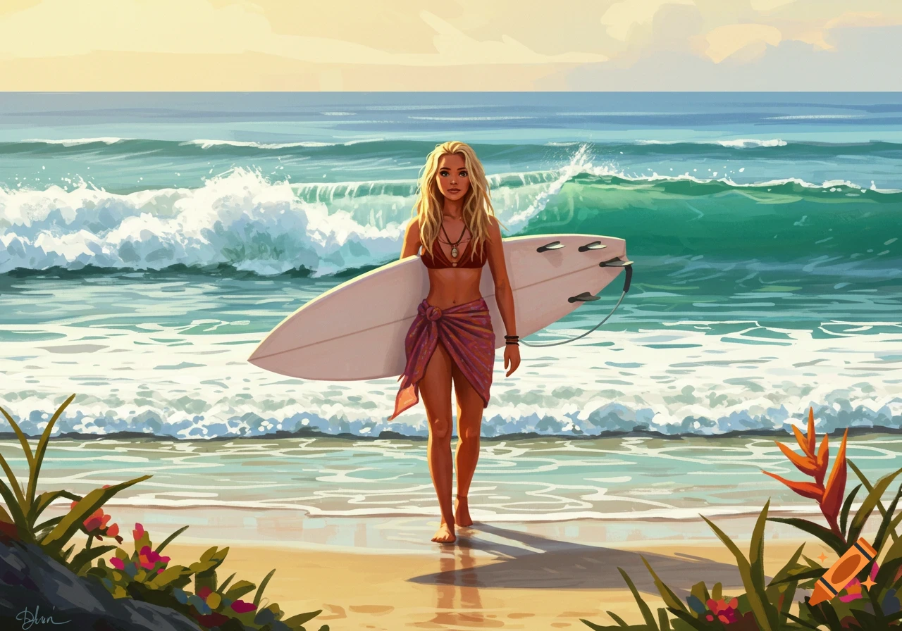 Illustrated blonde woman in bikini and sarong holding a surfboard on a sunny beach with waves.