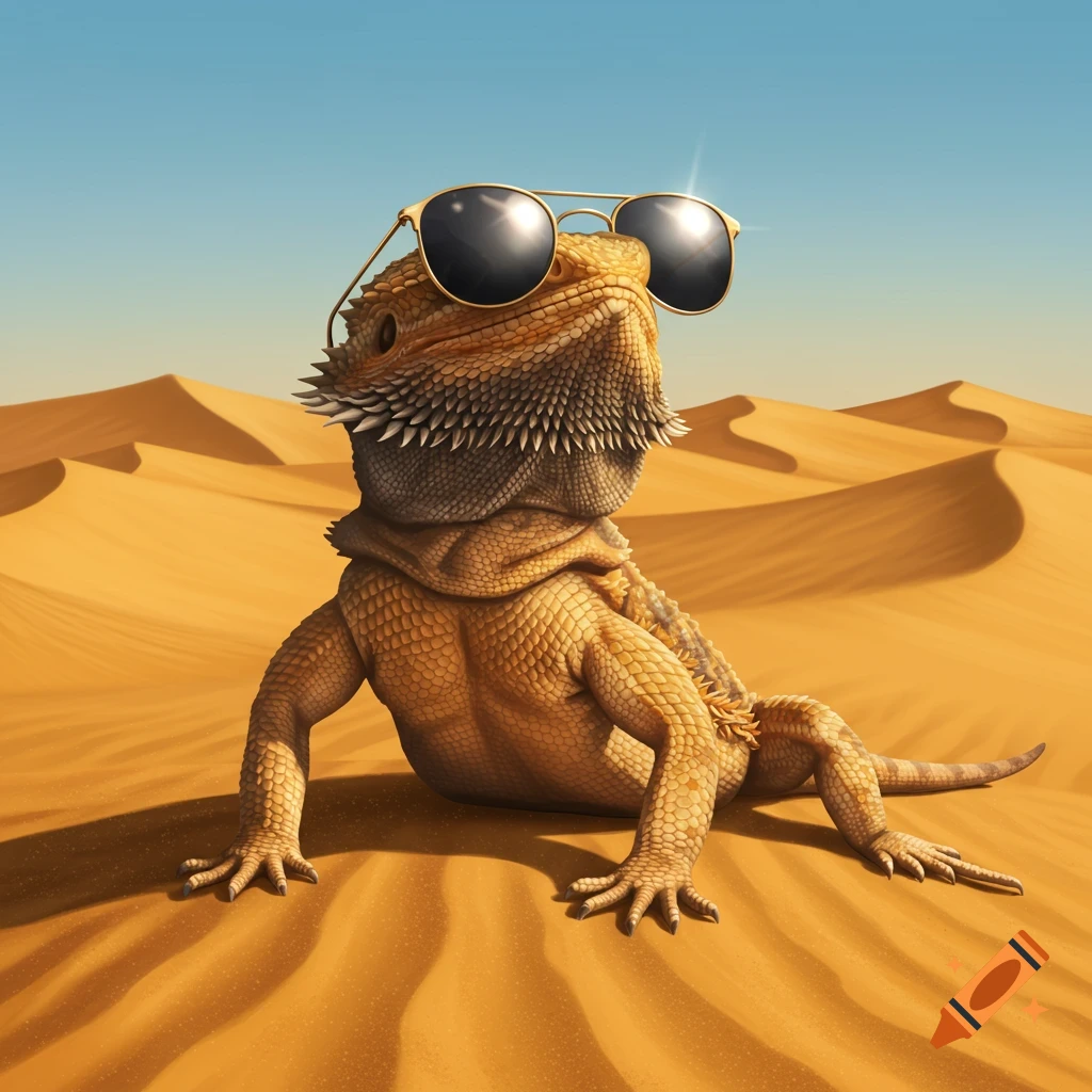 A bearded dragon wearing sunglasses sits confidently on a sand dune in a sun-drenched desert.