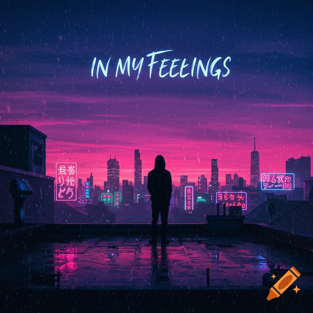 A silhouette of a person on a rainy rooftop overlooks a neon-lit cyberpunk city at night with the text 'IN MY FEELINGS' above.