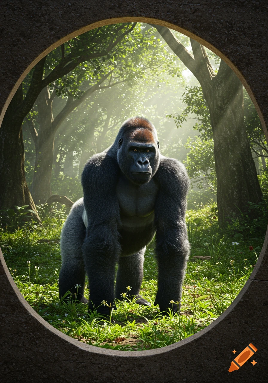 A large, photorealistic gorilla stands in a sun-dappled forest, framed by a round stone border.