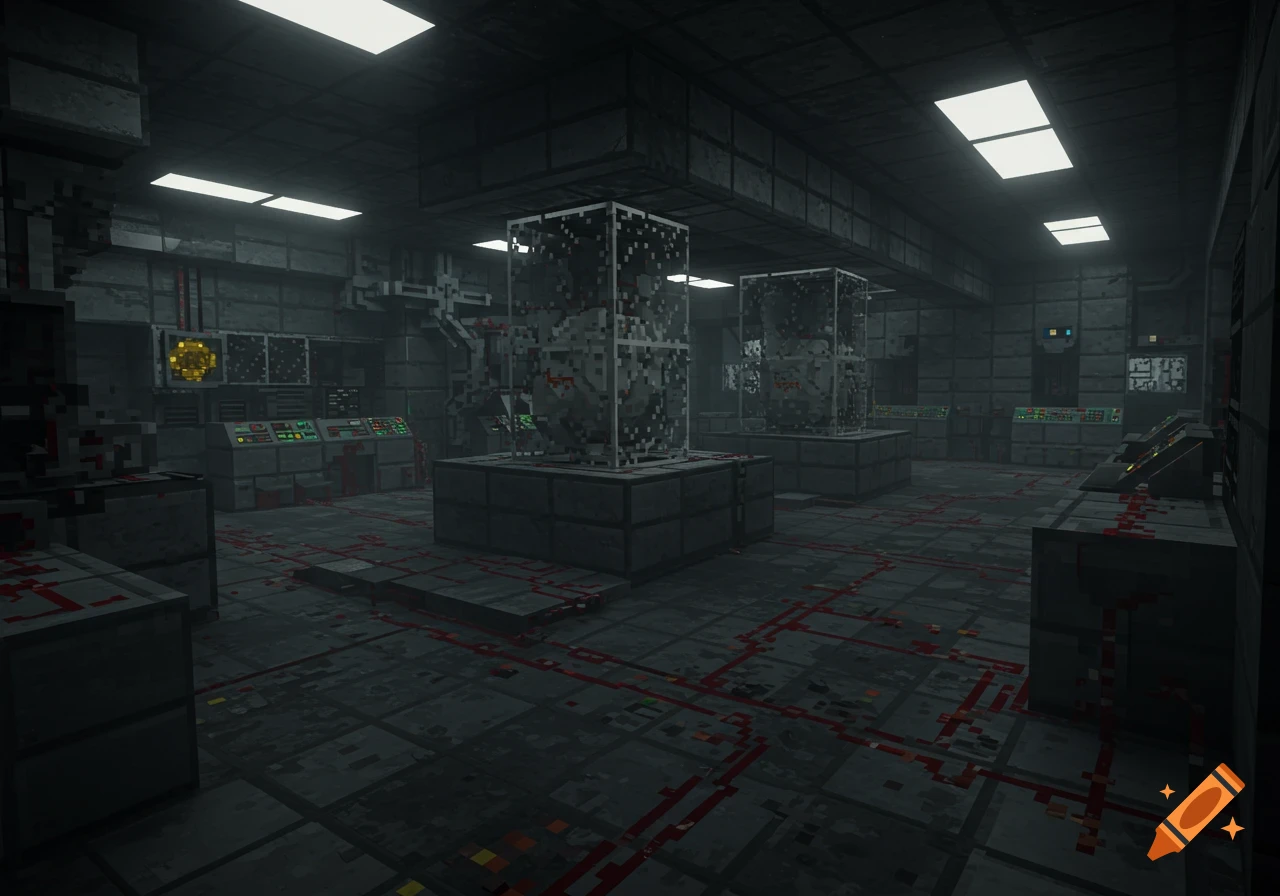 A dark, blocky, industrial science lab in a Minecraft style, featuring control panels, glass enclosures, and red patterns on the floor.