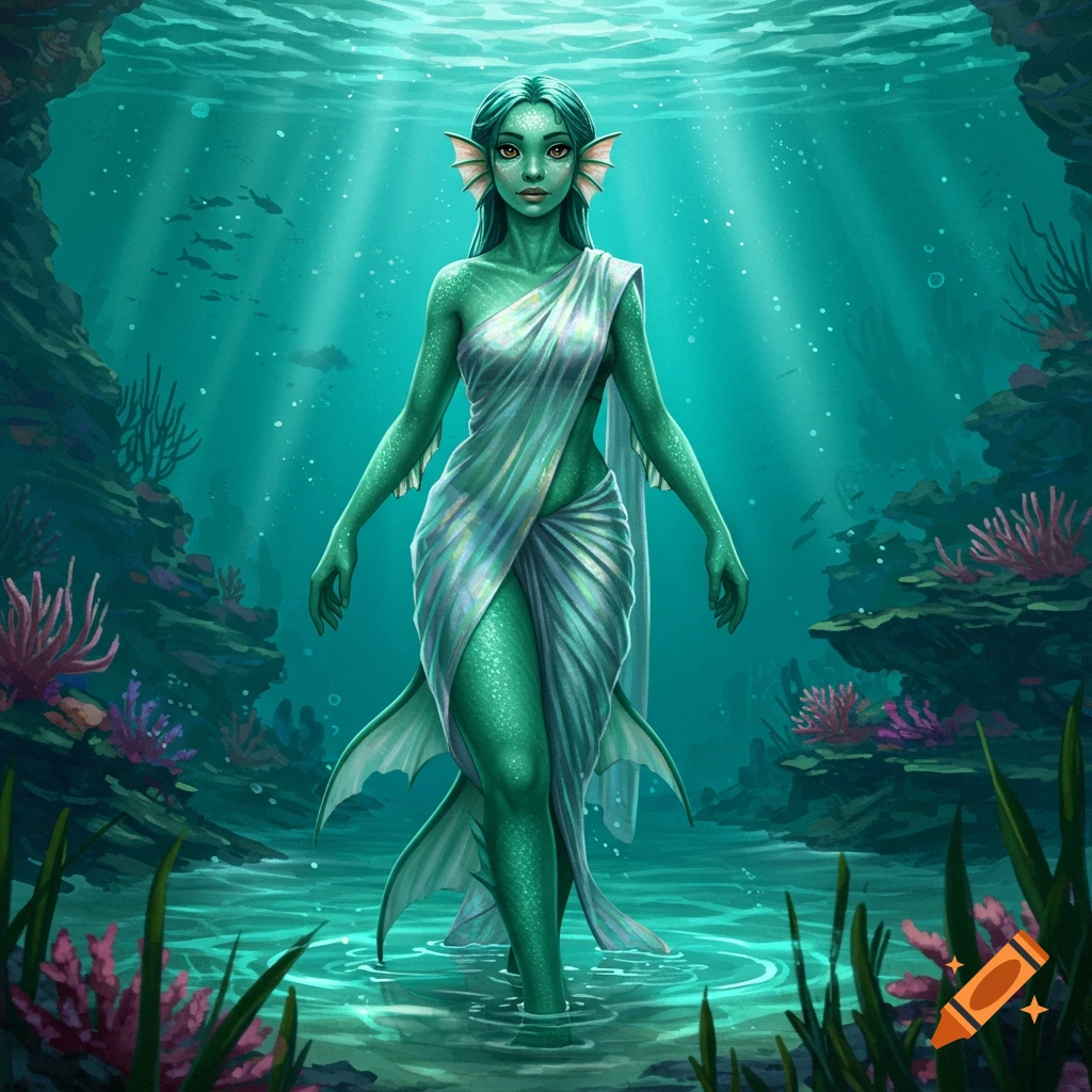 A green-skinned aquatic female with gills and fins on her legs, dressed in a white sari, stands in shallow water underwater amidst coral and fish.