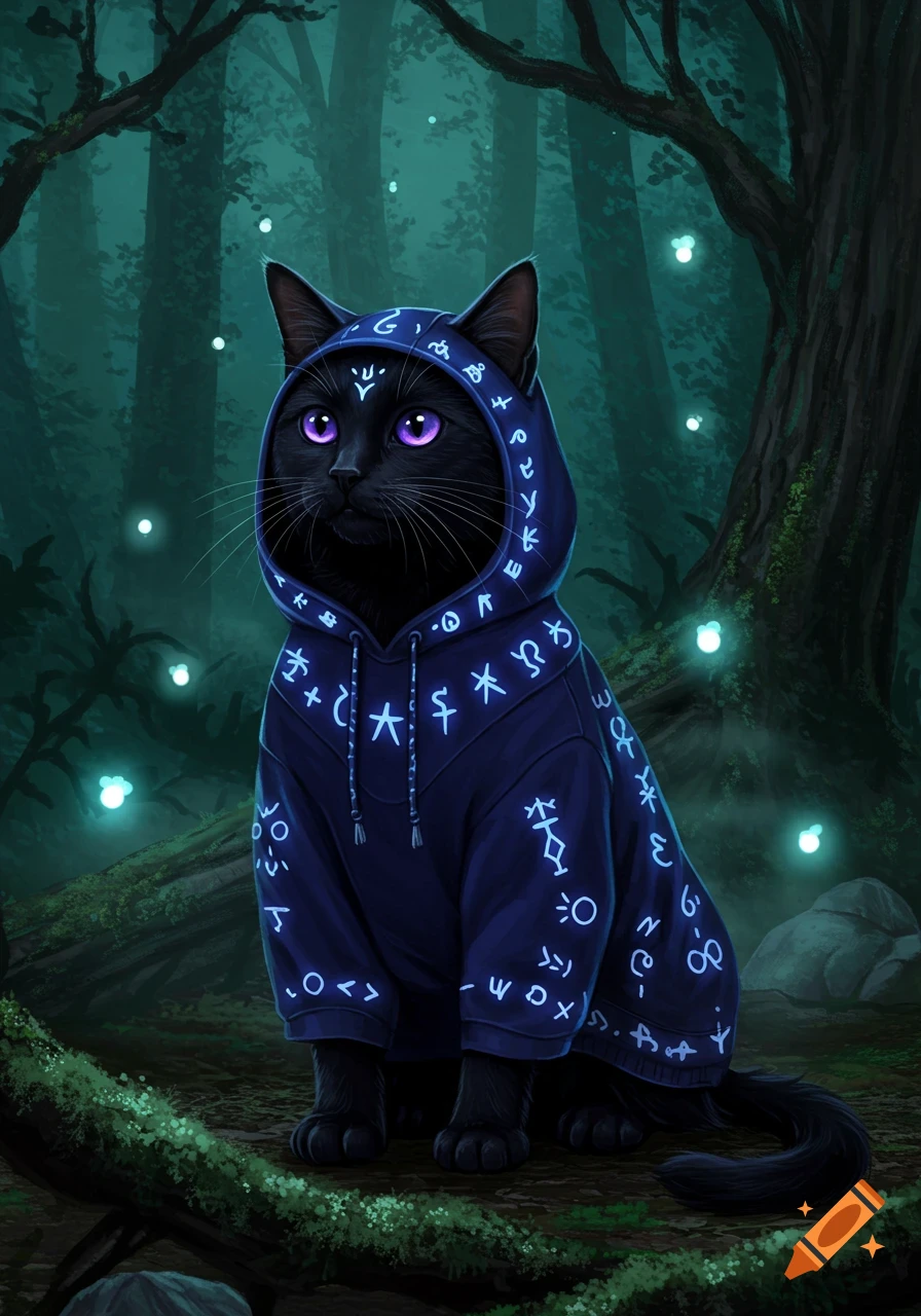 A black cat with glowing purple eyes in a dark blue hoodie with glowing mystical symbols sits in a dark forest with fireflies.