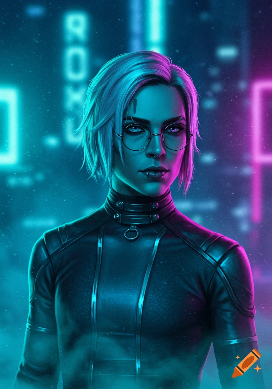 A cyberpunk portrait of a person with short white hair, glasses, and lip piercings, wearing a dark leather outfit, bathed in neon pink and blue light.