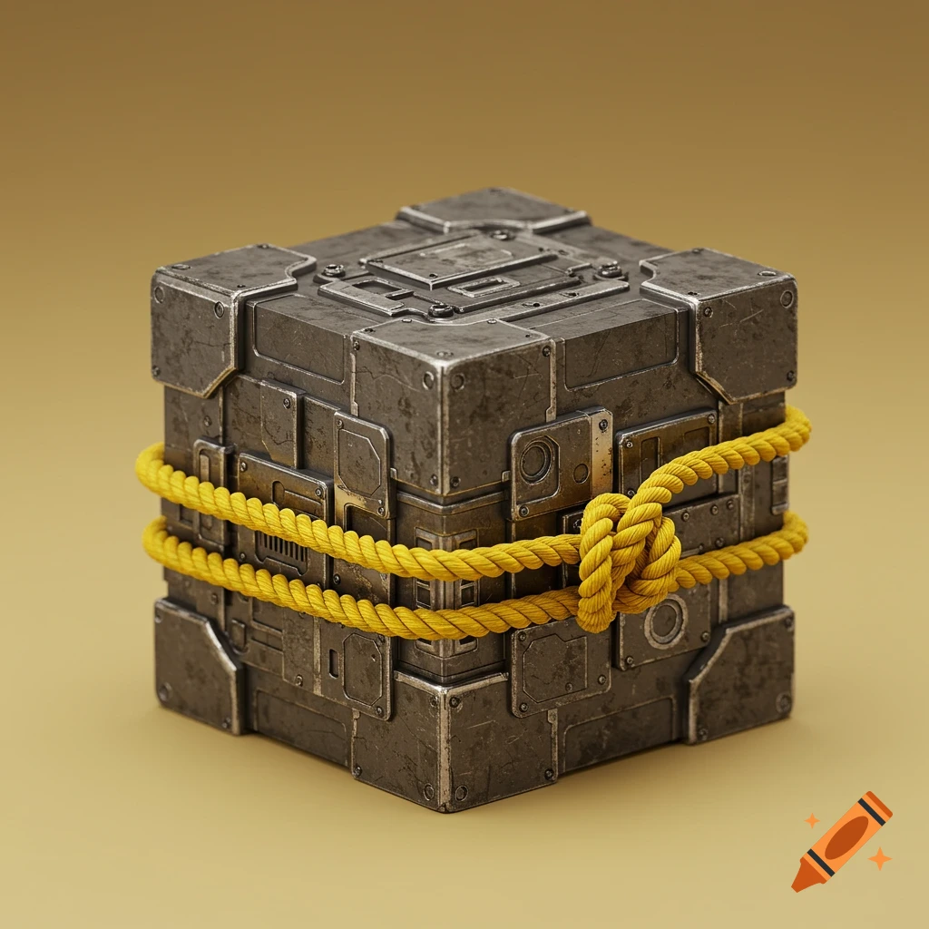 A grey metal cube with industrial details, wrapped horizontally by a bright yellow rope tied in a knot, on a plain brown background.