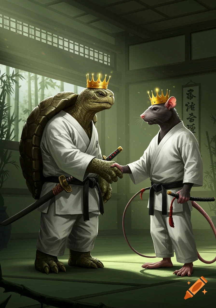 A crowned turtle in a karate uniform with a sword shakes hands with a crowned rat in a karate uniform with a whip, in a dojo.