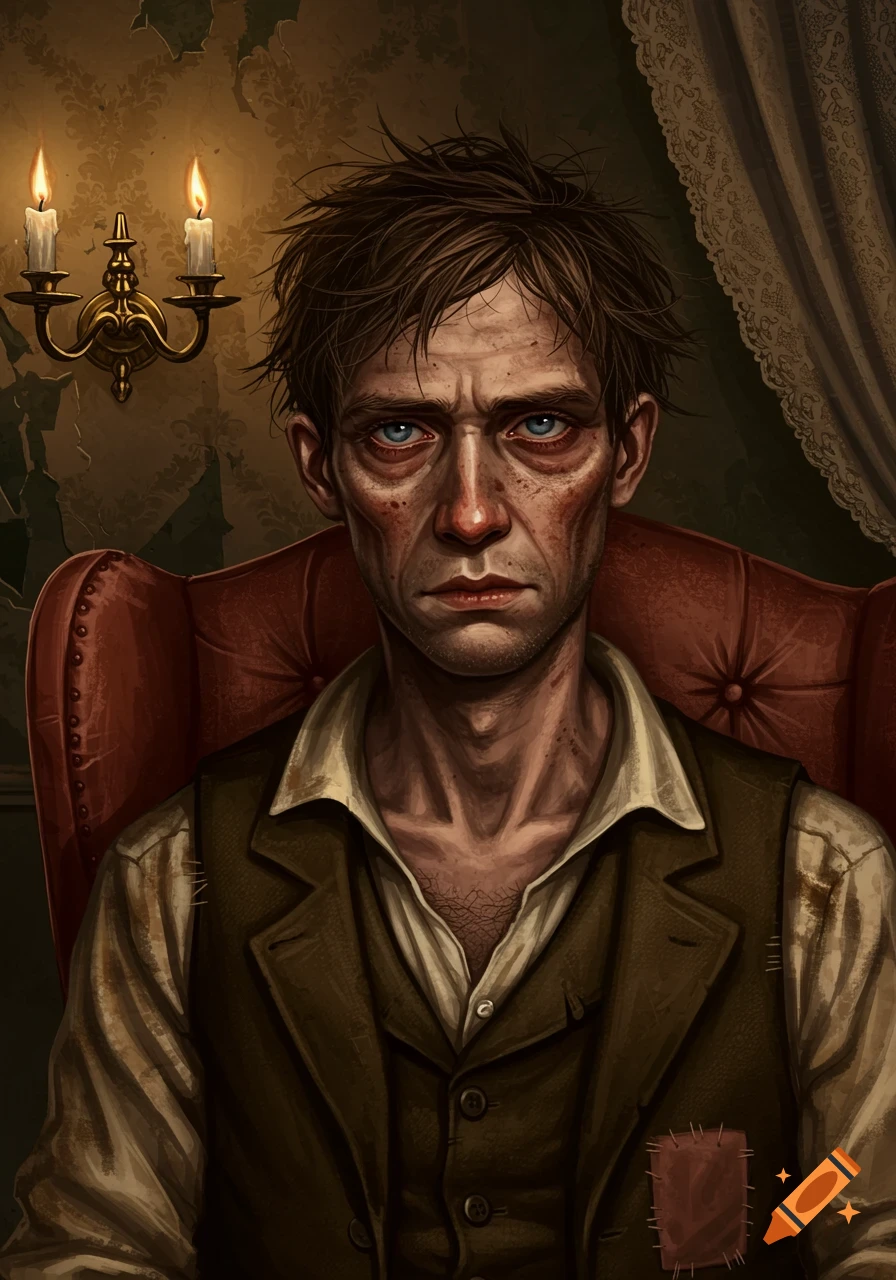 Digital painting of a disheveled young Victorian man with blue eyes, sitting in a dim room by candlelight.
