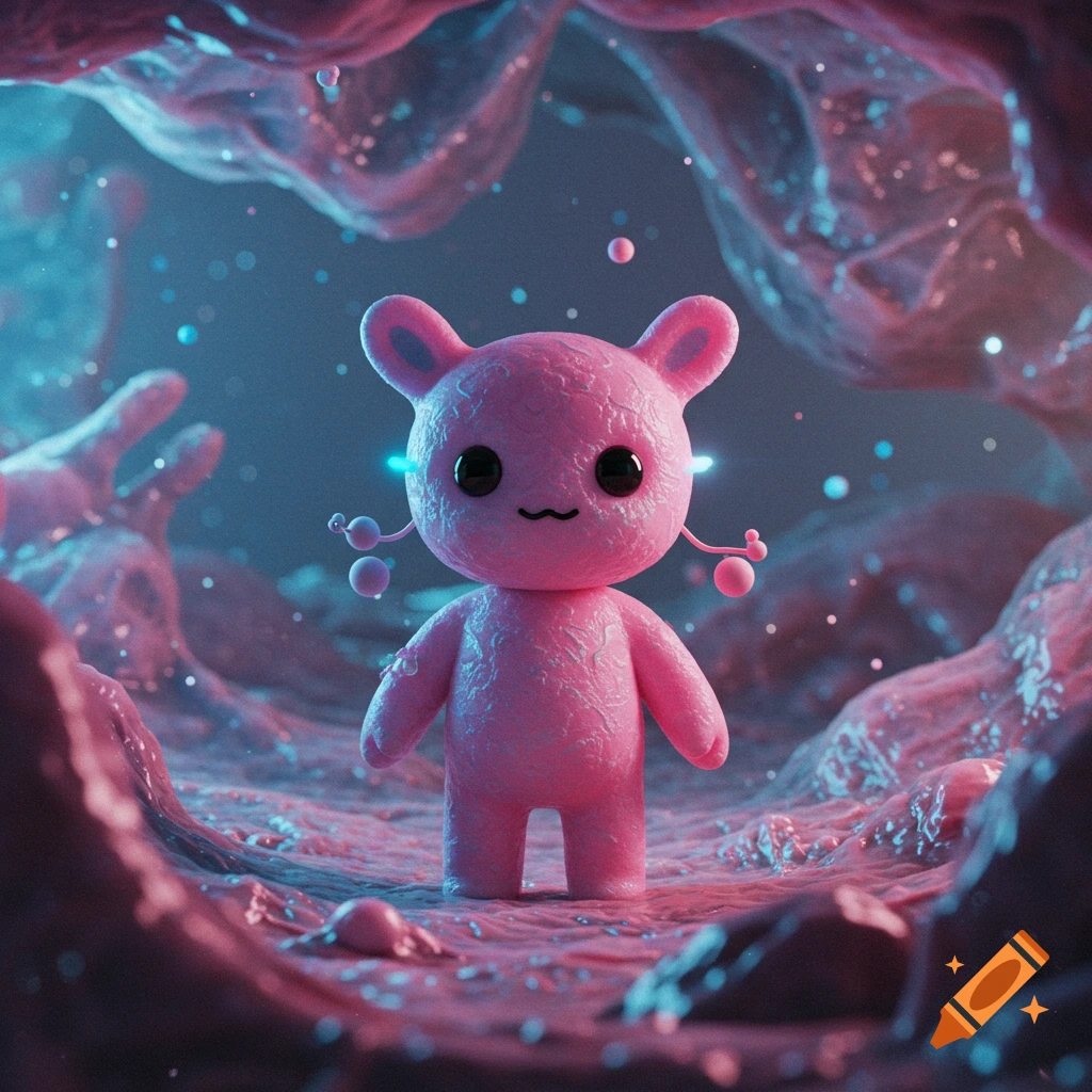 A cute pink creature with big eyes stands in a vibrant, glowing, organic cave-like environment, 3d render.