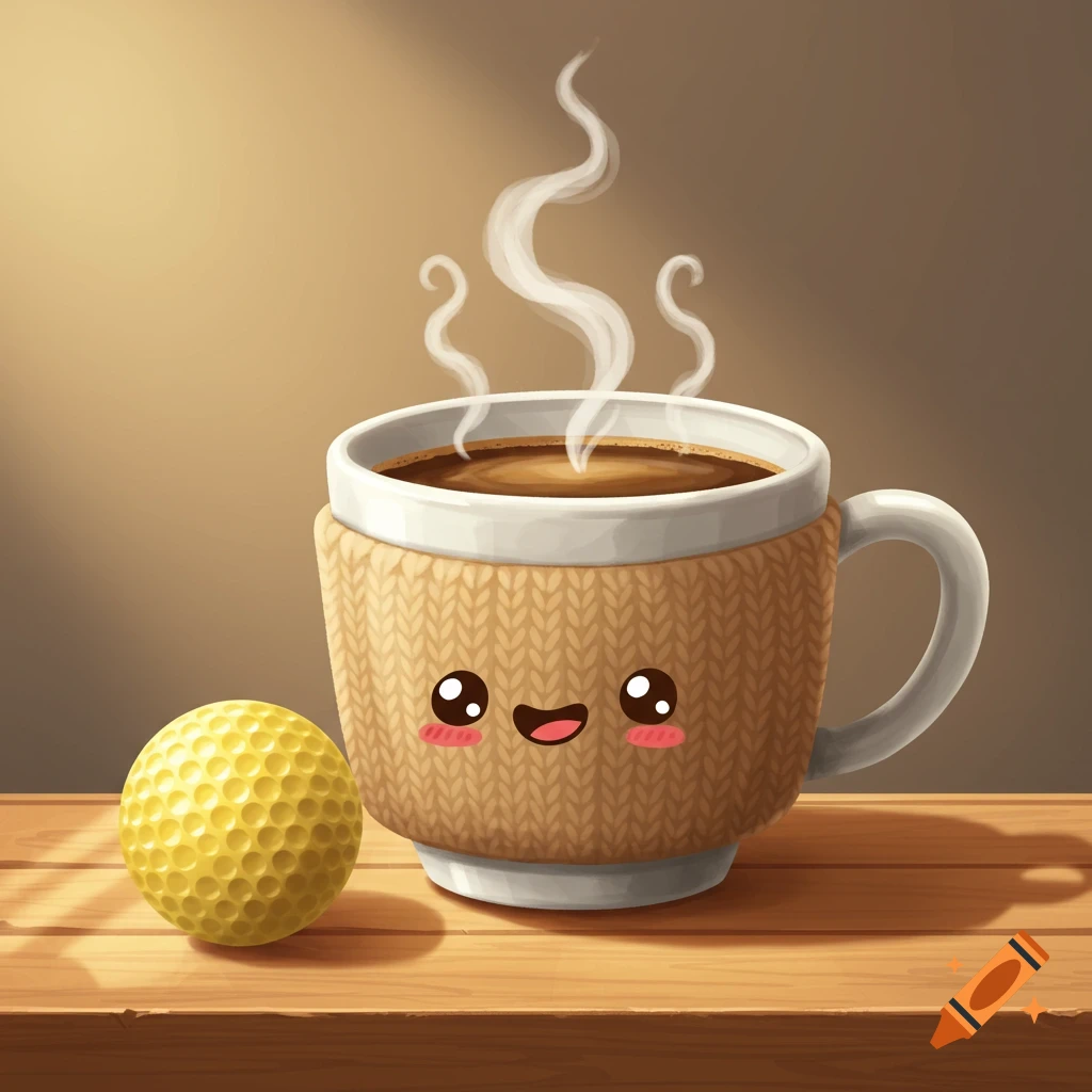 A cute cartoon coffee cup with a knitted cozy and a smiling face stands next to a yellow golf ball on a wooden table.