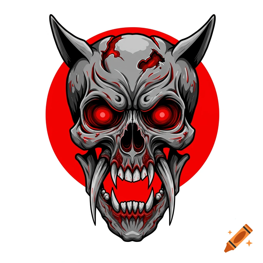 An ominous, stylized zombie skull with sharp fangs and glowing red eyes on a red circle background.