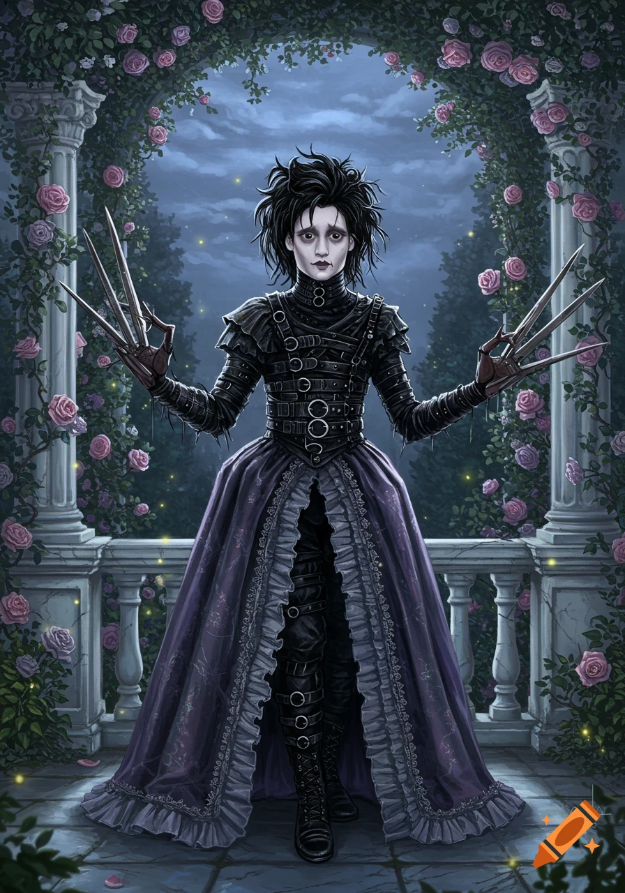 Edward Scissorhands in a gothic gown stands in a moonlit rose garden, scissor hands extended. Stylized art.