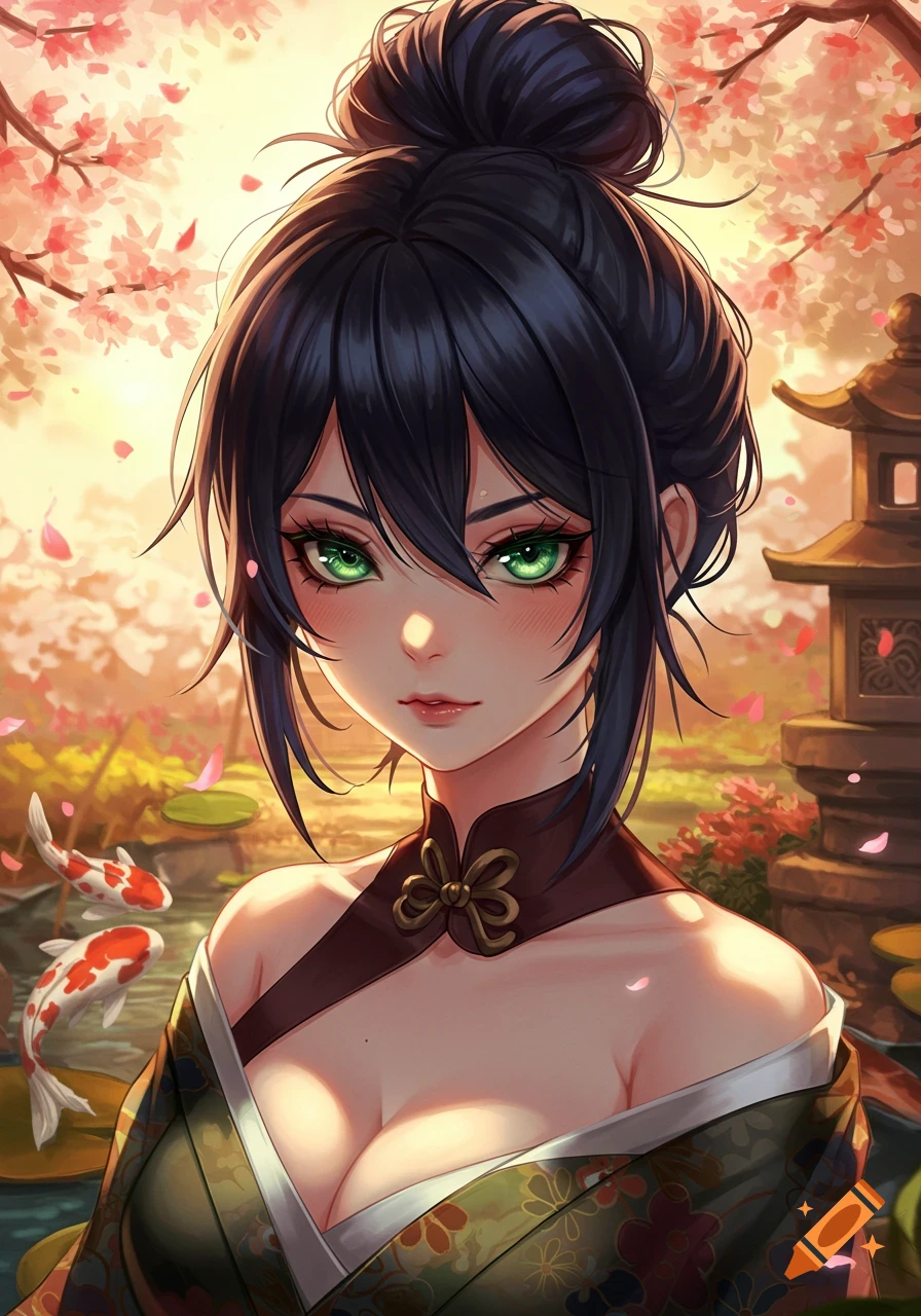An anime girl with black hair in a messy bun and green eyes wears a traditional robe in a cherry blossom garden with koi fish.