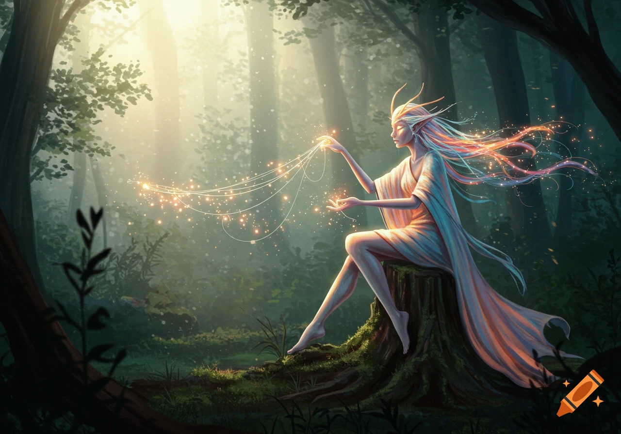 An ethereal elf-like being sits on a tree stump in a sunlit forest, weaving glowing magical threads between its hands.