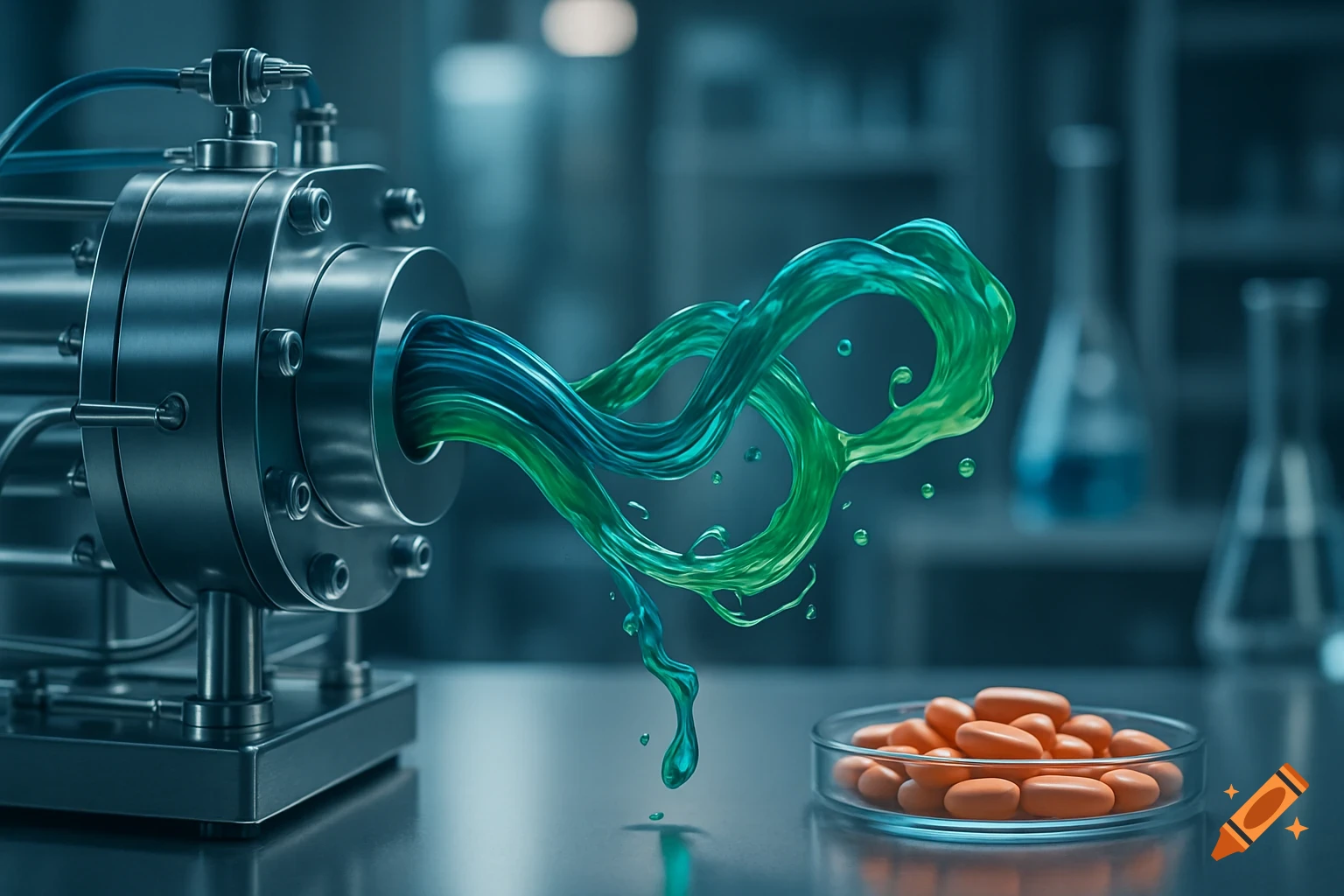 Metallic scientific apparatus with swirling green and blue liquid flowing towards a petri dish of orange pills in a laboratory.
