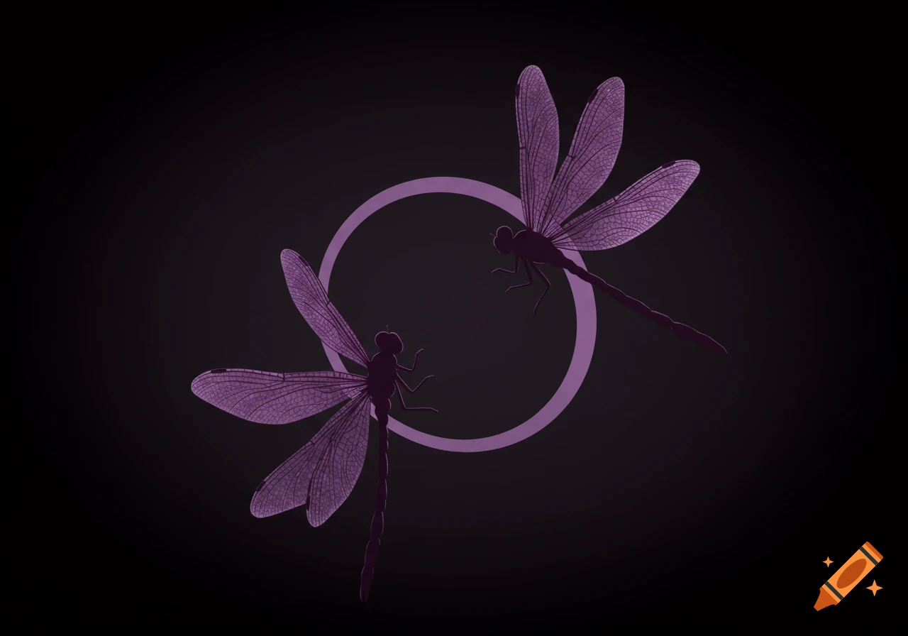 Two purple dragonfly silhouettes with detailed wings facing each other around a light purple circle on a dark background.