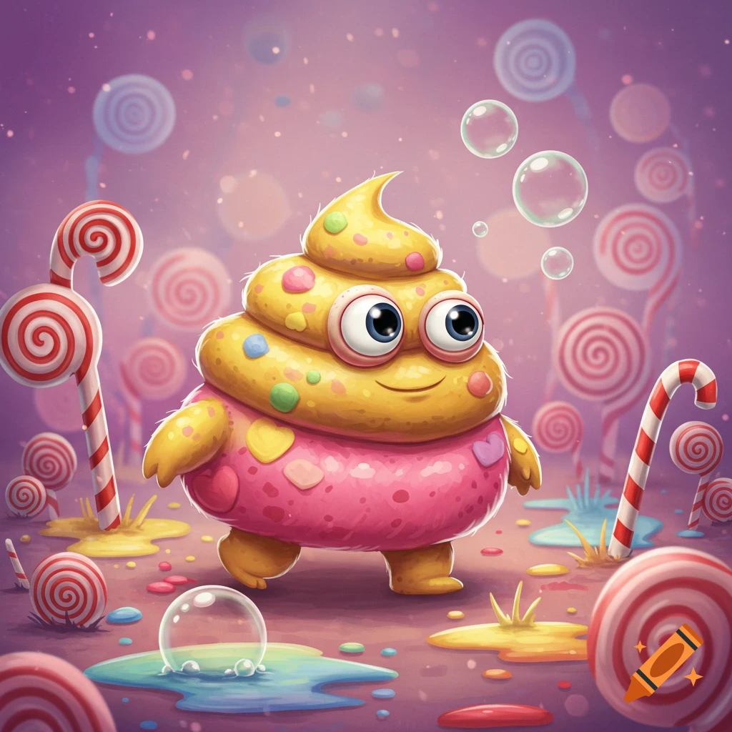 A cute, yellow, cartoon monster resembling swirled ice cream with large eyes and a pink body, stands in a whimsical candy land with lollipops.
