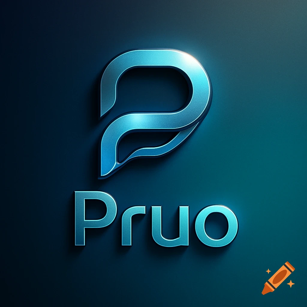 A stylized blue metallic logo with a curved abstract symbol above the word 'Pruo' on a dark teal background.