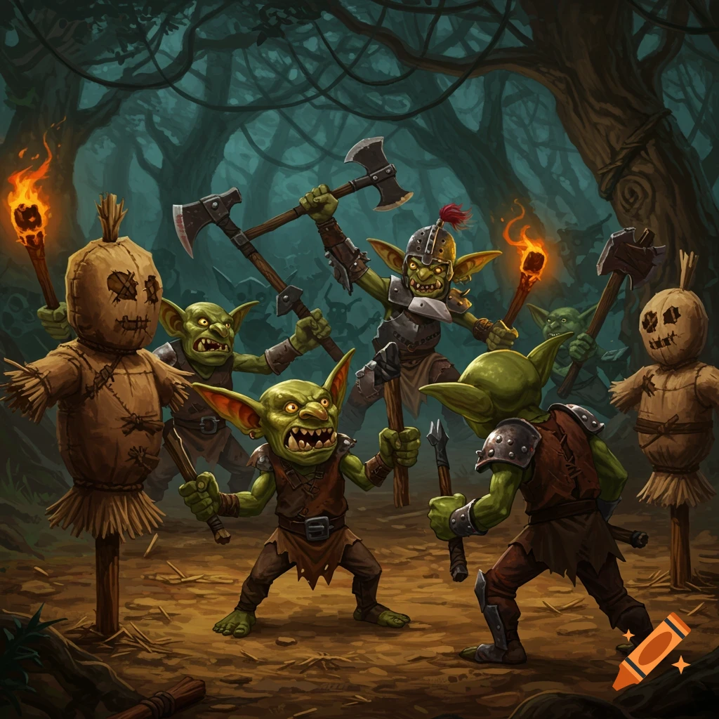 Stylized illustration of green goblins with axes and torches fighting straw dummies in a dark forest.