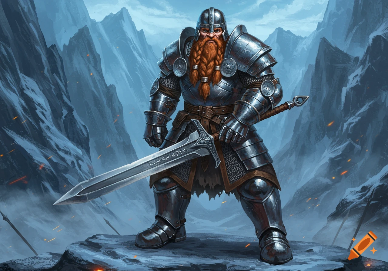 A heavily armored dwarf with a braided red beard stands holding a large greatsword in a snowy mountain landscape.