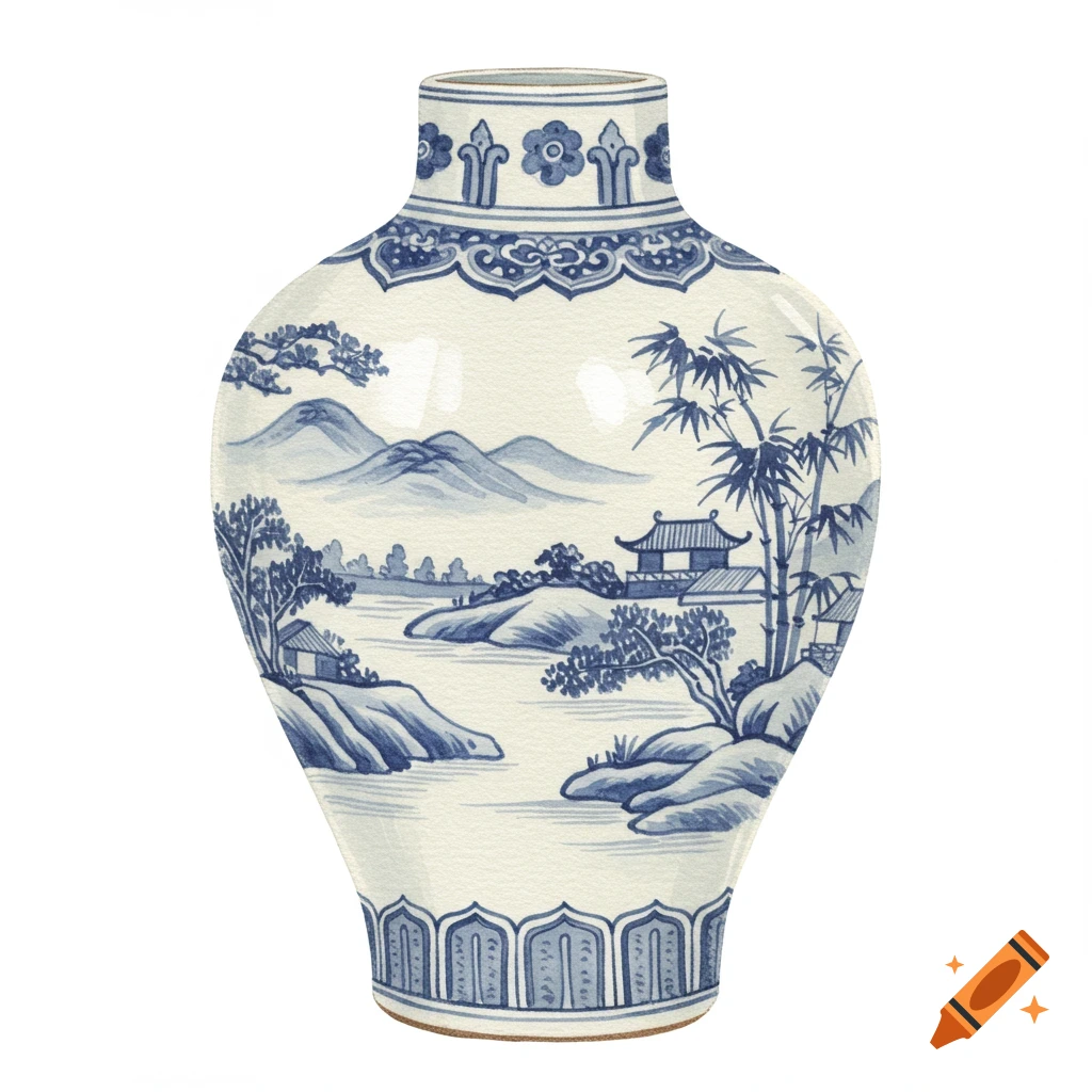 A blue and white watercolor vase with a detailed landscape painting of mountains, trees, and buildings.