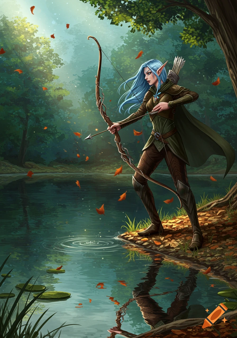 A blue-haired elf ranger in green and brown clothing draws a bow near a lake in a sunlit forest with falling orange leaves. Digital art.